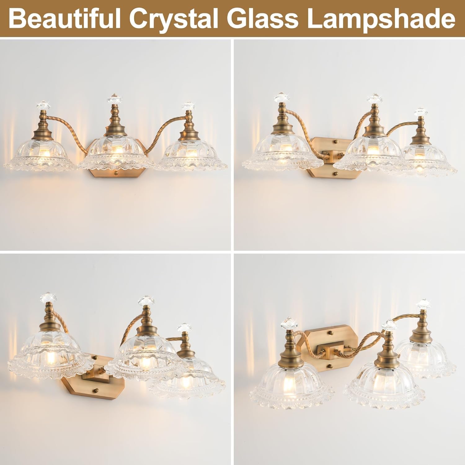 Vintage Bathroom Vanity Light, 3-Light Brass Light Fixtures Over Mirror with Green Crystal Glass Flower Shade, Mid Century Farmhouse Wall Mount Lighting for Living Room, Kitchen
