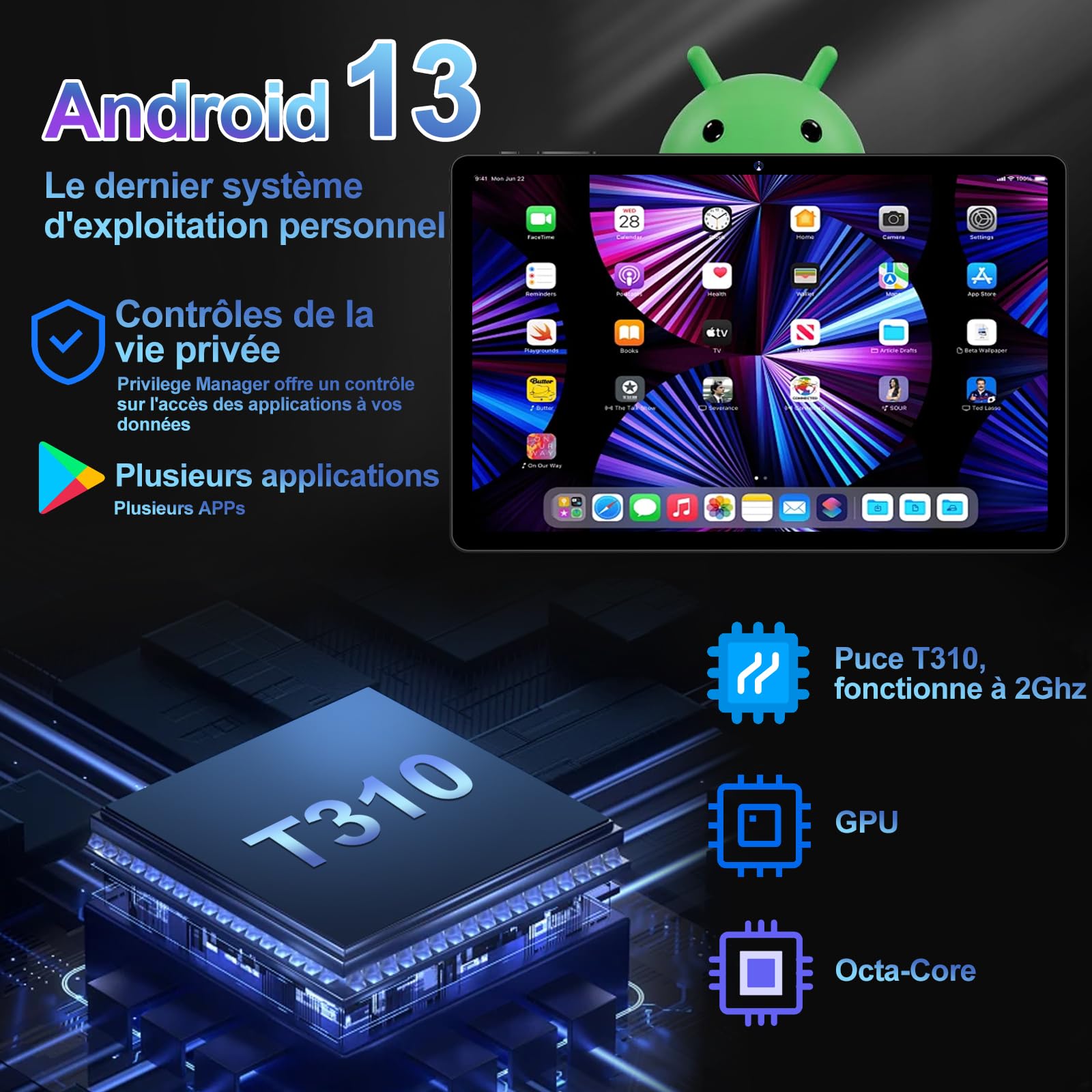 GOODTEL Tablet 10 pollici Android 13 con 12 GB RAM + 128 GB ROM (1 TB TF), 5 G + 2.4 G WiFi, Octa Core, GPS, Bluetooth 5.0, 8 MP + 5 MP, tipo C, tablet touch con custodia, tastiera e mouse, nero