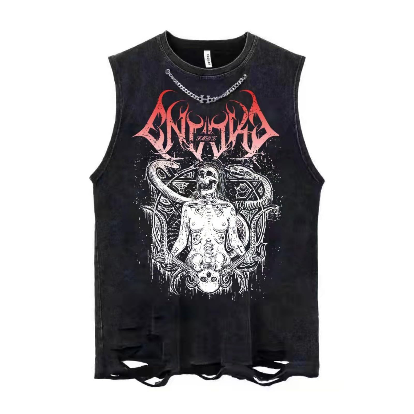 Brand-xrbanime Vintage Washed Black Vests Men's Clothing 100% Cotton Hip Hop Punk Rock Gothic Y2K Sleeveless Tshirts