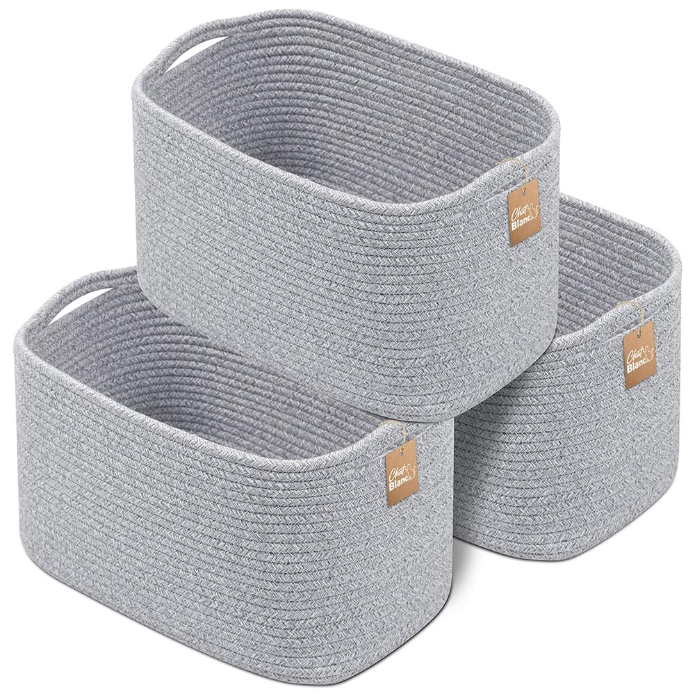 CHAT BLANC Cotton Rope Baskets for Organizing | Storage Baskets for Shelves | Rope Basket for Storage, Small Laundry Baskets, Woven Baskets for Storage, Dog Toy Bin, Baby Basket, Gray 3 Pack