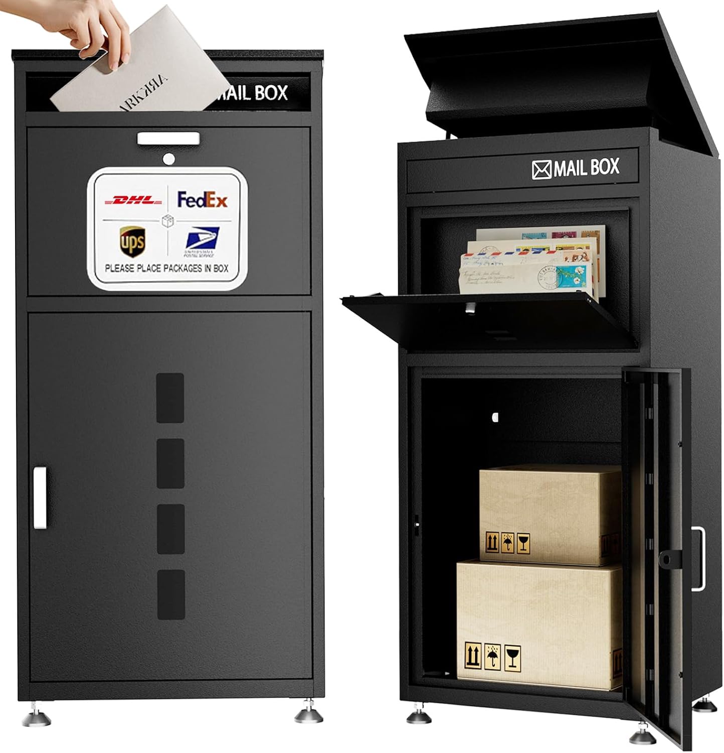 KAER Package Delivery Boxes for Outside, 41.5"x 19.7"x 16.5" Cold-Rolled Steel Large Delivery Box for Packages & Mails, Anti-Theft Lockable Large Parcel Drop Box for Outdoor, Porch, Curbside(Black)