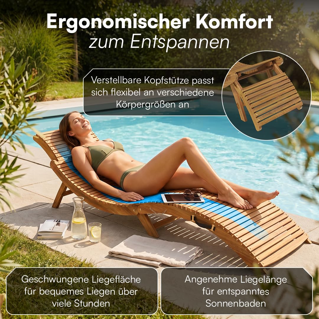 STEELSØN Gartenliege Ophira aus Holz – klappbare Sonnenliege – Holzliege für den Garten wasserfest – Saunaliege mit Verstellbarer Kopfstütze – Akazienholz Natur geölt – bis 200 kg belastbar