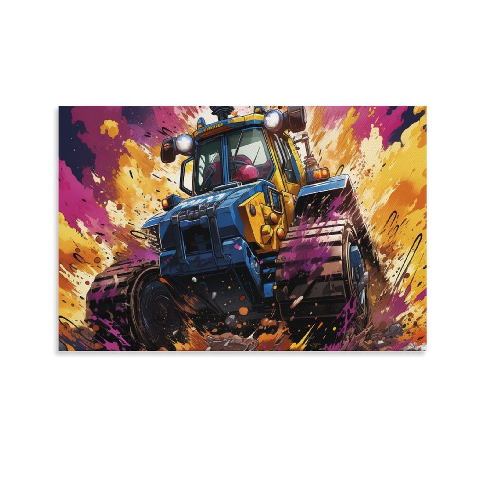 CPLVKWRQJ Bright Magical Colorful Single Vibrant Tractor Explosion Art Canvas Print - Office Wall Focal Art Fade Resistant Statement Piece Ready to Hang 08x12inch(20x30cm)