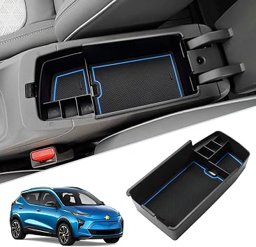 SKTU for 2022 2023 Chevrolet Bolt EUV EV Center Console Organizer Insert ABS Black Materials Tray Armrest Secondary Storage Box Latest 2023 Bolt EUV EV Accessories with Coin Holder Blue