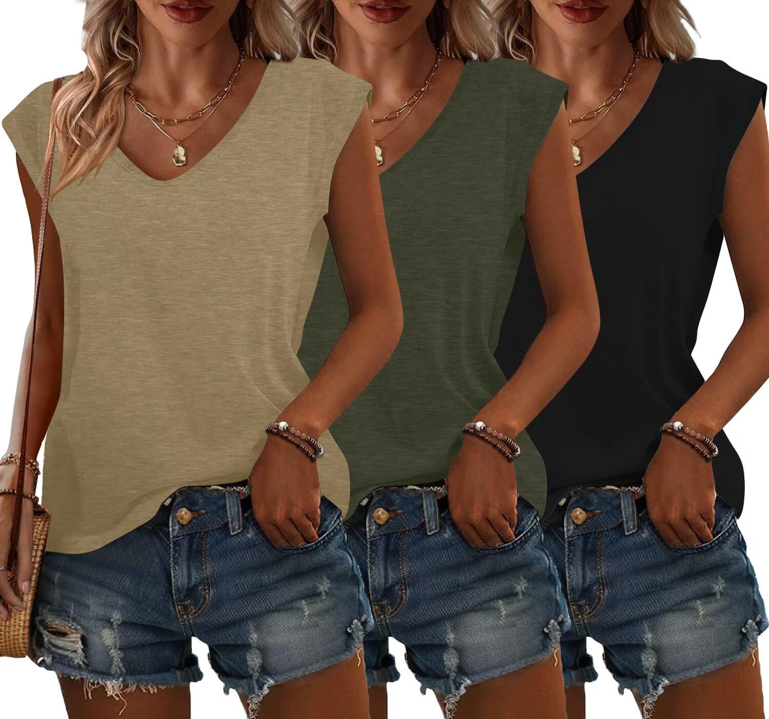 Bliwov 3 Pack Womens Cap Sleeve Tops V Neck T Shirts Spring Summer Casual Plus Size Beach Vacation Fashion Basics Tee Clothes