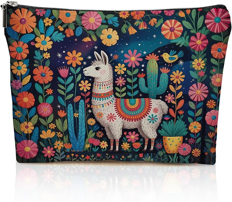 Necessaire YRZGBNM com estampa de lhamas e flores, zíper preto, Multicolor 075