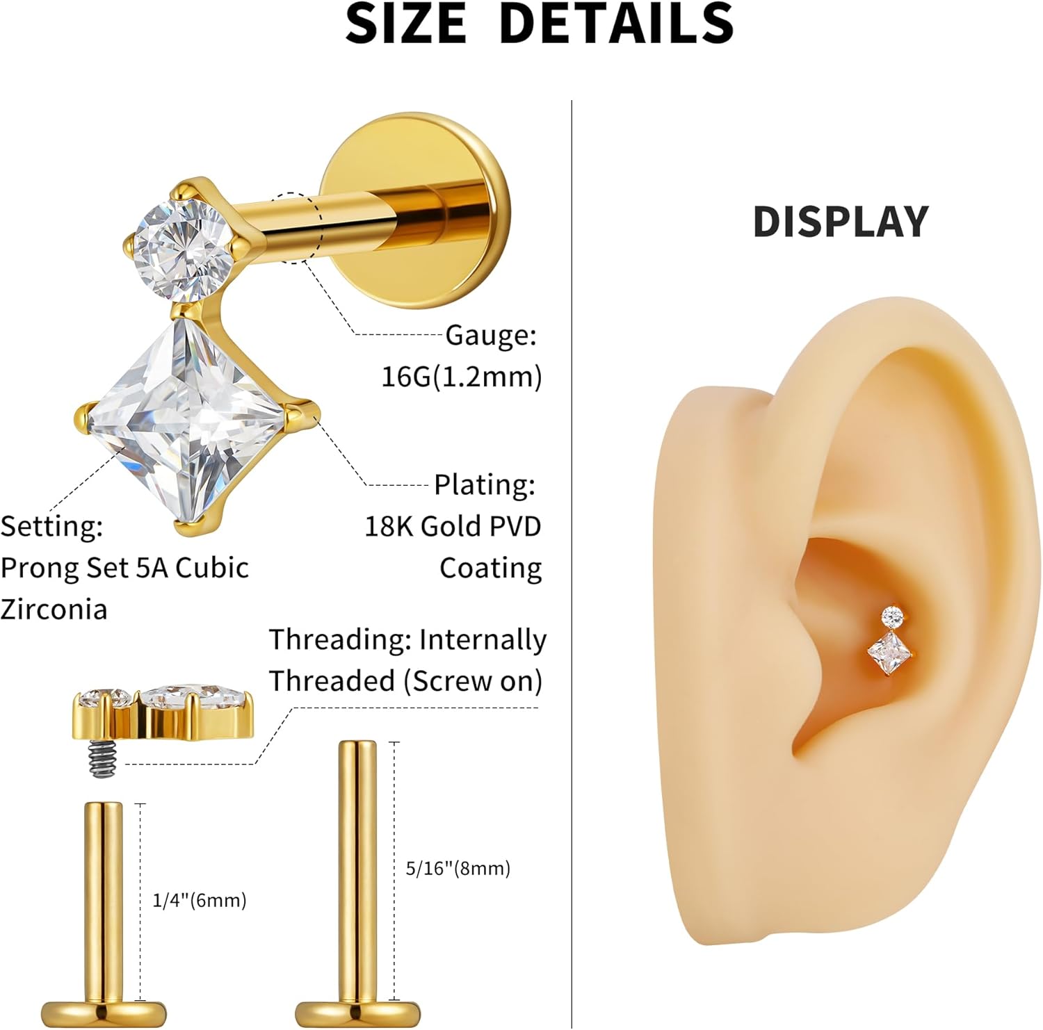FINE4U 1PC ASTM F136 Titanium Flat back Stud for Conch Tragus Helix Flat with 16G 6mm 8mm Post - Image 2