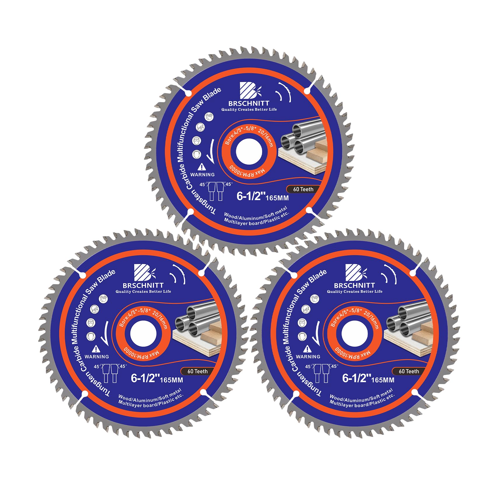 BRSCHNITT Circular Saw Blade 6-1/2 in 60T with 4/5-5/8" Arbor, Carbide Tipped Teeth, TCT Saw Blades for Cutting Various Wood, Aluminium,Copper,and Composite Materials(3pcs)