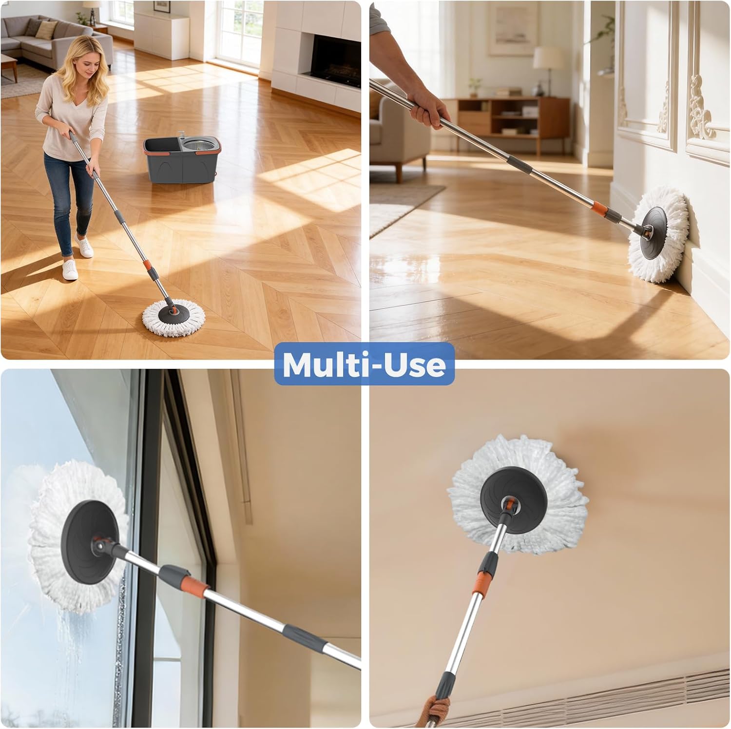 Foldable Spin Mop and Bucket System, Dual-Bucket Cleaning & Stainless Steel Wringing, Collapsible Storage with Detergent Bottle, 2 Reusable Microfiber Mop Heads for Floor Cleaning