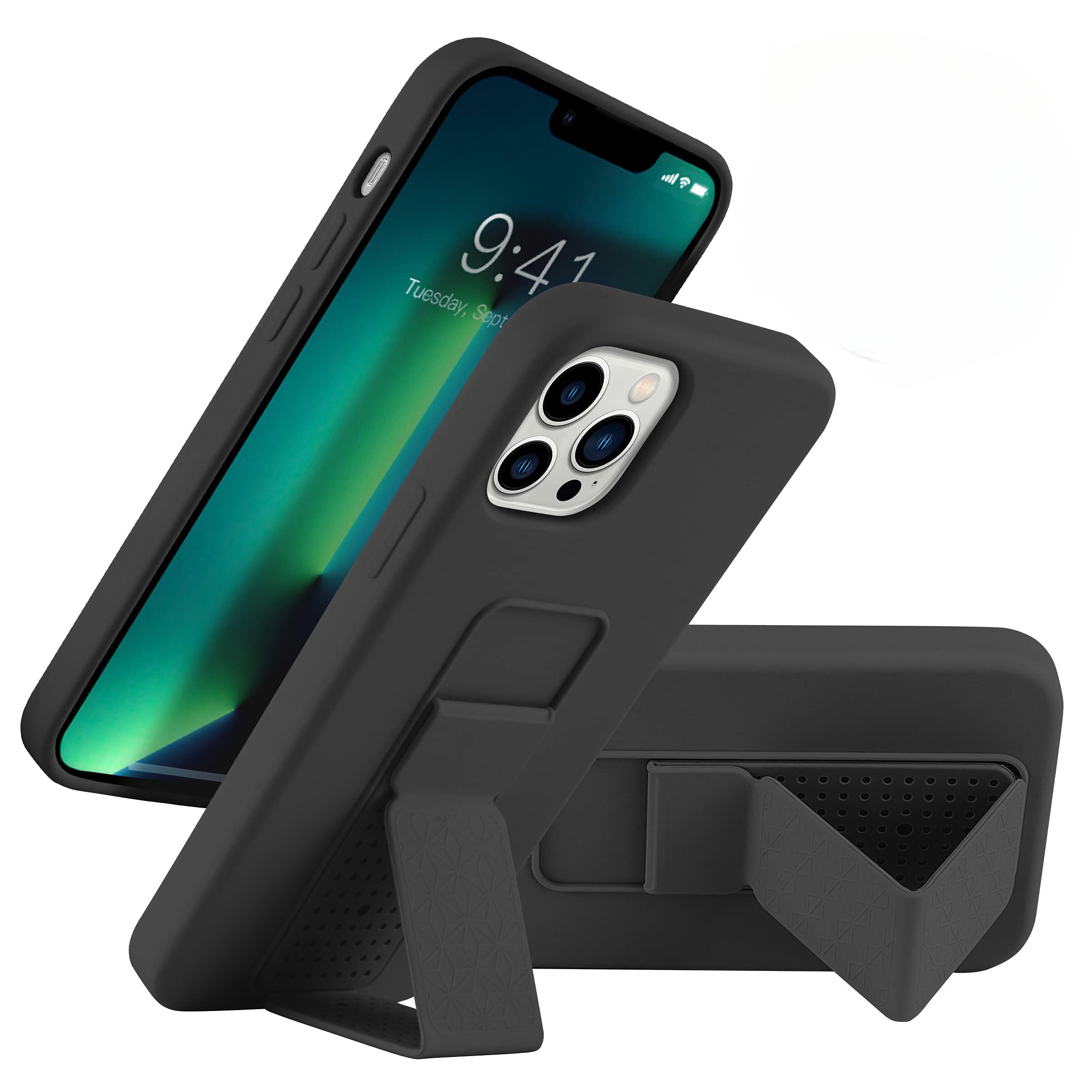 LAUDTEC Funda Silicona para iPhone 13 Pro,Soporte Invisibles con Apoyo Vertical y Horizontal,Material de Silicona es Suave y Respetuoso con la Piel,[Grado Militar Protección]Carcasa Anti-caída,Negro.