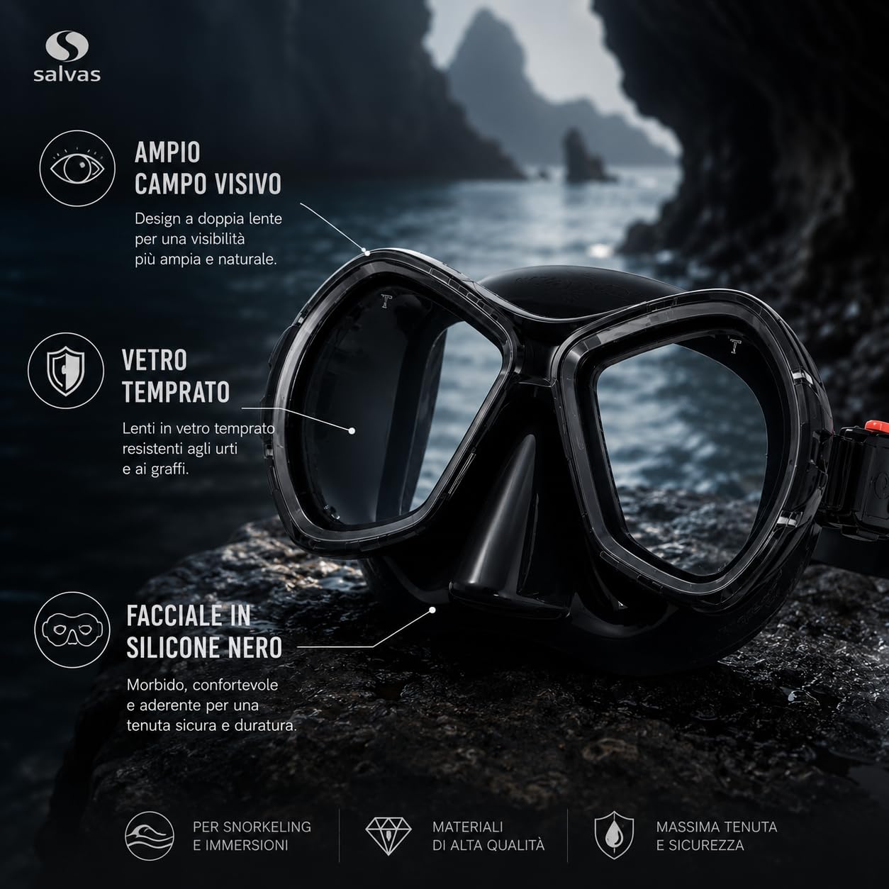 Salvas Sub Maschera Phoenix in Silicone Nero- Premium Maschera Subacquea Doppia Lente per Visibilità Ottimale e Sicurezza Durante le Immersioni - Maschera Professionale Snorkeling Fibbie Regolabili
