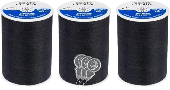 Coats & Clark Dual Duty All Purpose Sewing Thread 230A 400 Yards Each Spool 3 Pack Bundle with Bellas Crafts Needle Threaders Black