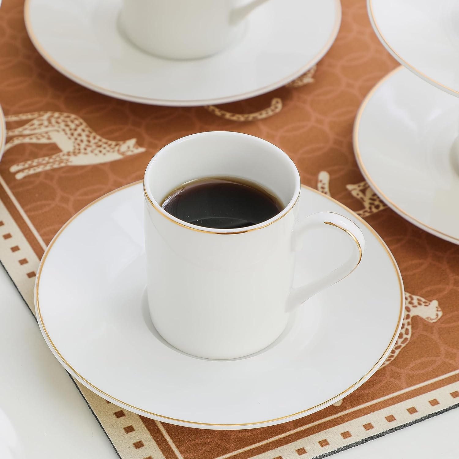 White Porcelain 8-Piece Espresso Cup Set - 3.3oz Demitasse Cups and Saucers Set, Elegant design with gold trim, Perfect for Espresso, Turkish Coffee, and Dessert Drinks, Gifts