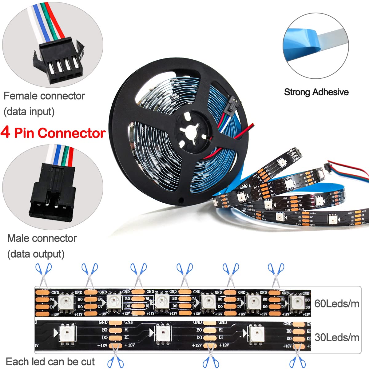 Taśma LED 12 V WS2815, 5 m, RGB, podwójny sygnał, SMD 5050, 150 diod LED, IP30, w pełni kolorowa, indywidualnie adresowalna, programowalna, listwa świetlna LED, do majsterkowania, dekoracji
