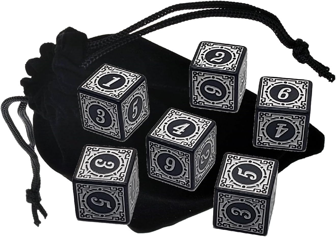 Cyber-Deals Set of (6) 16mm Dice 6-Sided D6 Numeral 1-6 Sides Squared Corners ... Plus Black Velvet Cloth Pouch Bag (Green)