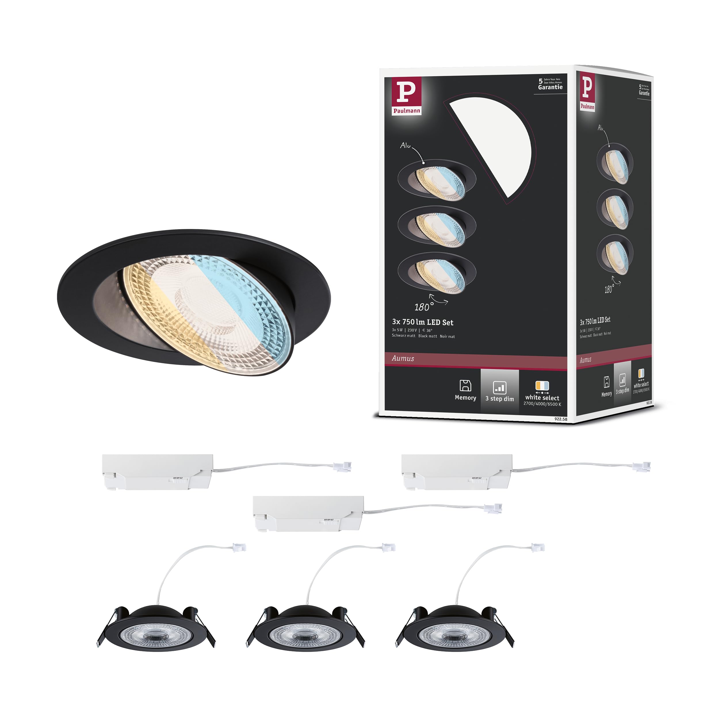 Paulmann EBL Set Aumus schwenkbar 3-Stepdim LED 3x750lm 2700-6500K 5W 230V Schwarz matt