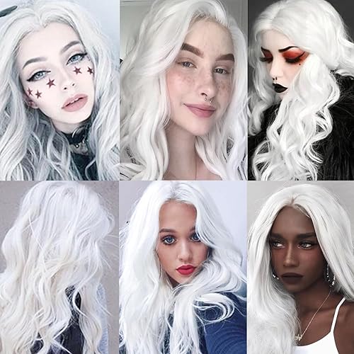 Miniatura 5 de Missyvan Peluca de pelo largo, con ondas sueltas, blanco, sin encaje, sin pegamento, de fibra resistente al calor, pelo sintético para las mujeres a