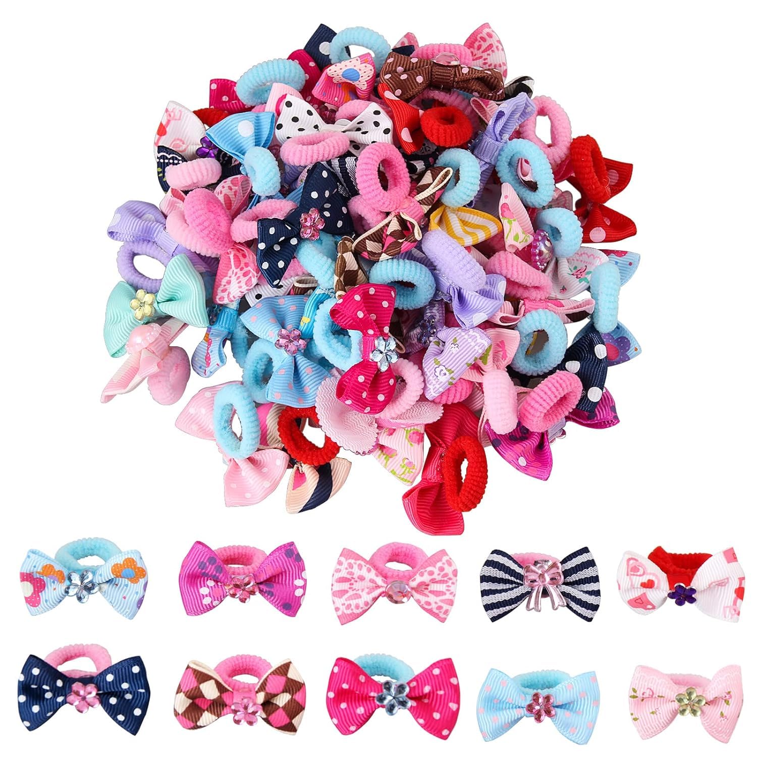 NEOBABY Hair Bows for Girls Toddler Hair Ties | Bow Rubber Bands Ponytail Holders | Elastics Pigtail Bows Hair Accessories for Women's Girls & Babies (Assorted, Pack of 40)