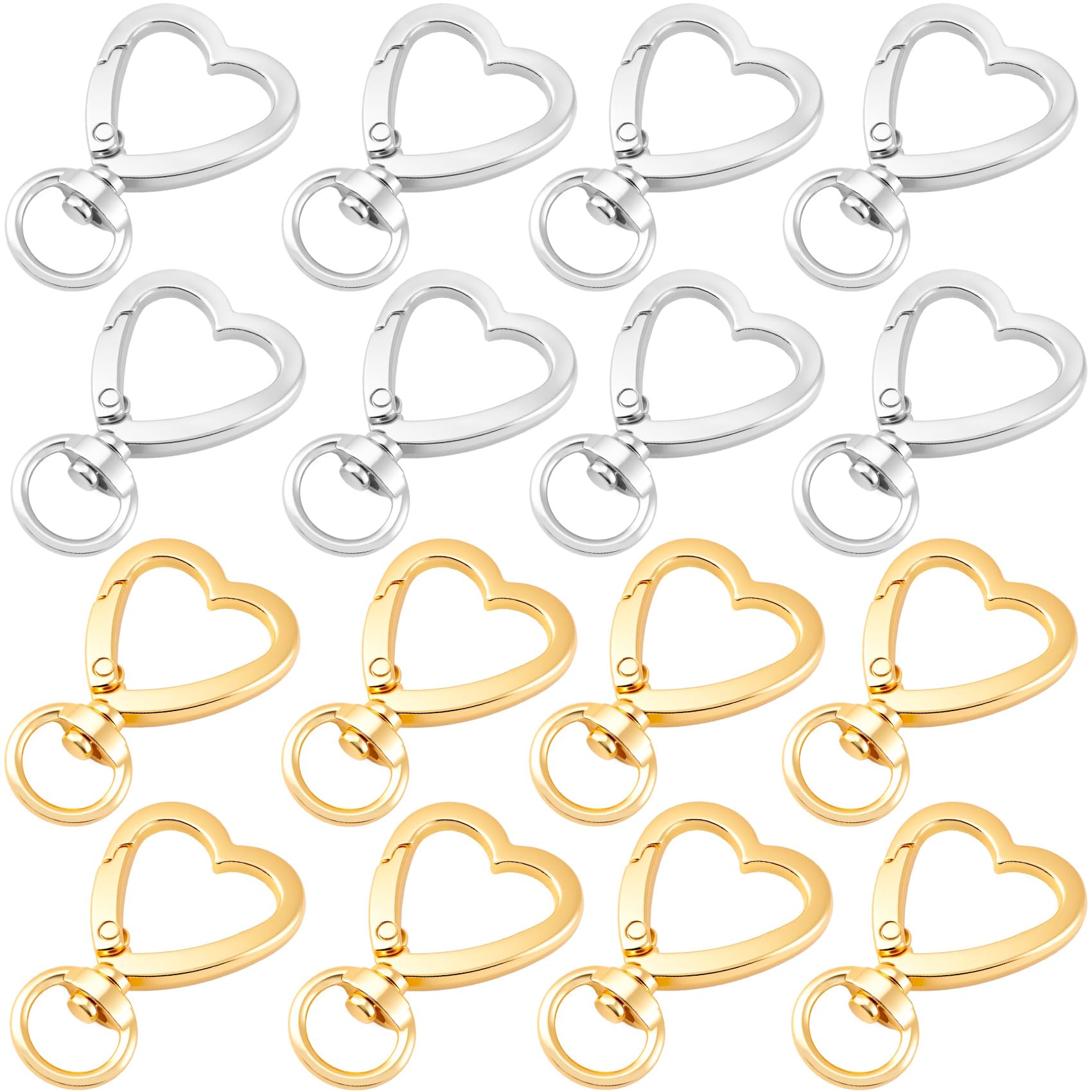 OIIKI 16PCS Heart Shape Keychain Clip, Gold Silver Heart Spring Snap Hook