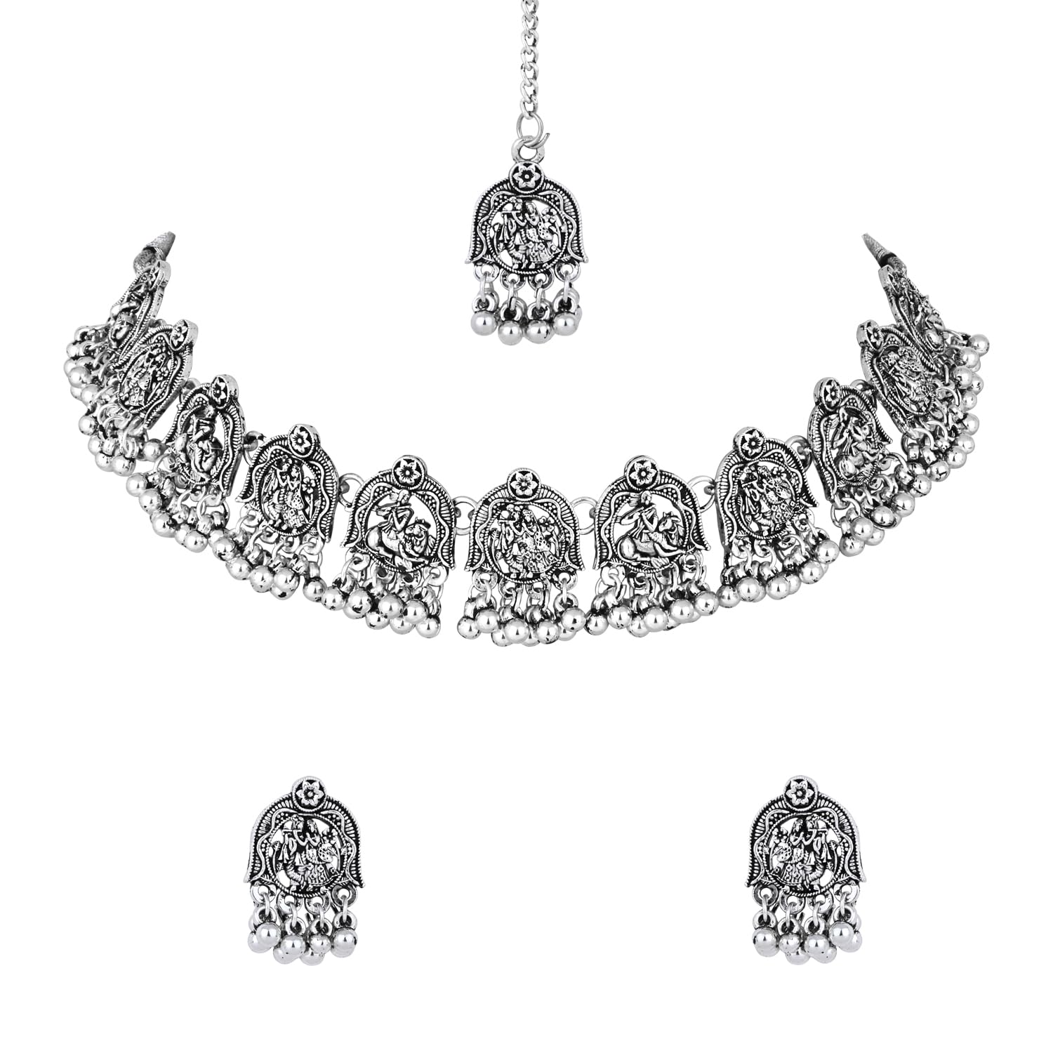 I Jewels Navratri Ethnic Silver Oxidised Afghani Choker Necklace Jewellery With Earrings & Maang Tikka Set For Women (Style 3) (B0DF5LRPQ3) Amazon Price History, Amazon Price Tracker