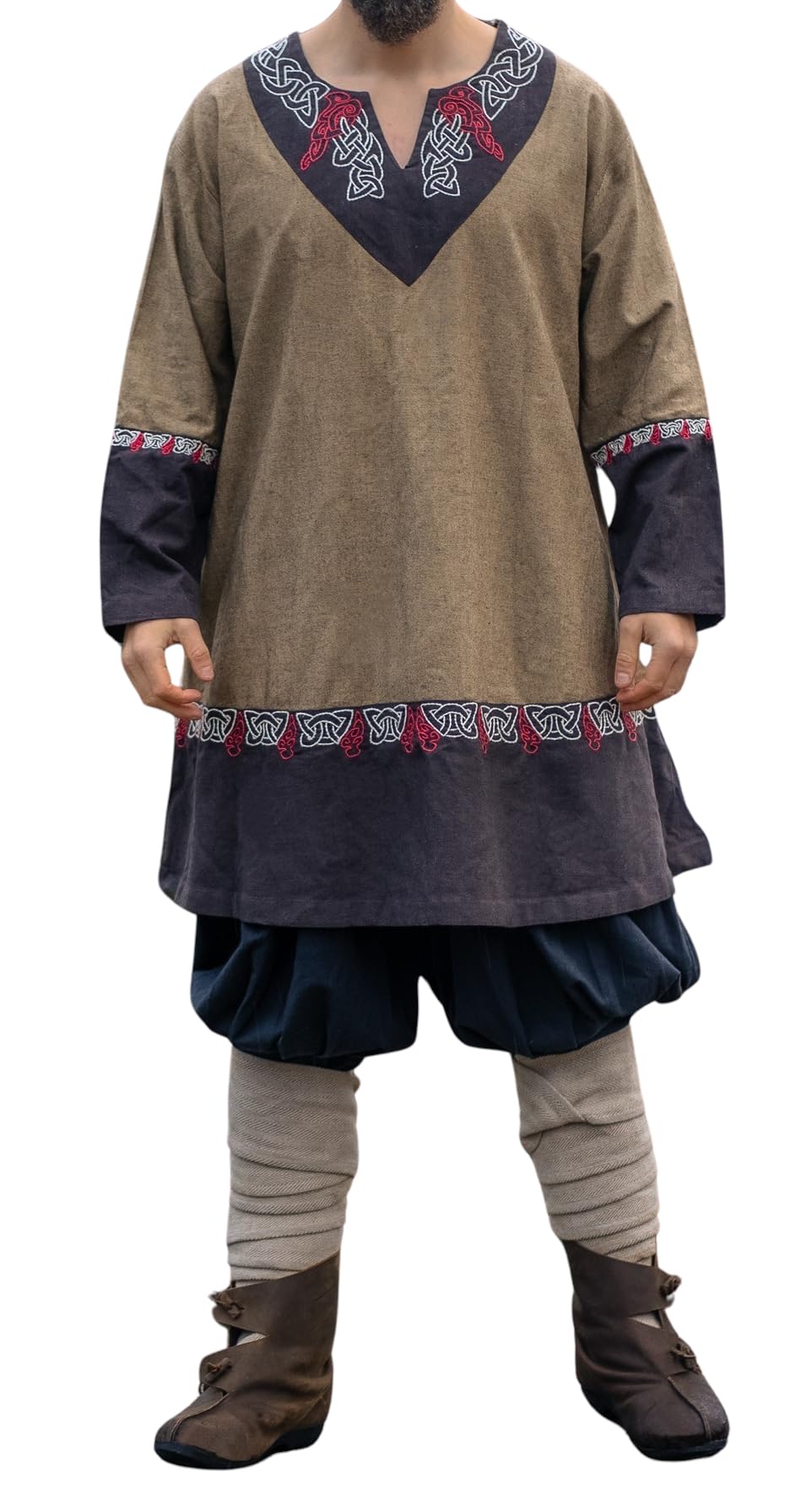 Leonardo Carbone® Freydis Unisex Tunic, Hand Embroidery, V-Neck, Carnival, Halloween, Cosplay, LARP, Medieval, Viking, Costume, Robe, 100% Cotton, sand, XXL/3XL