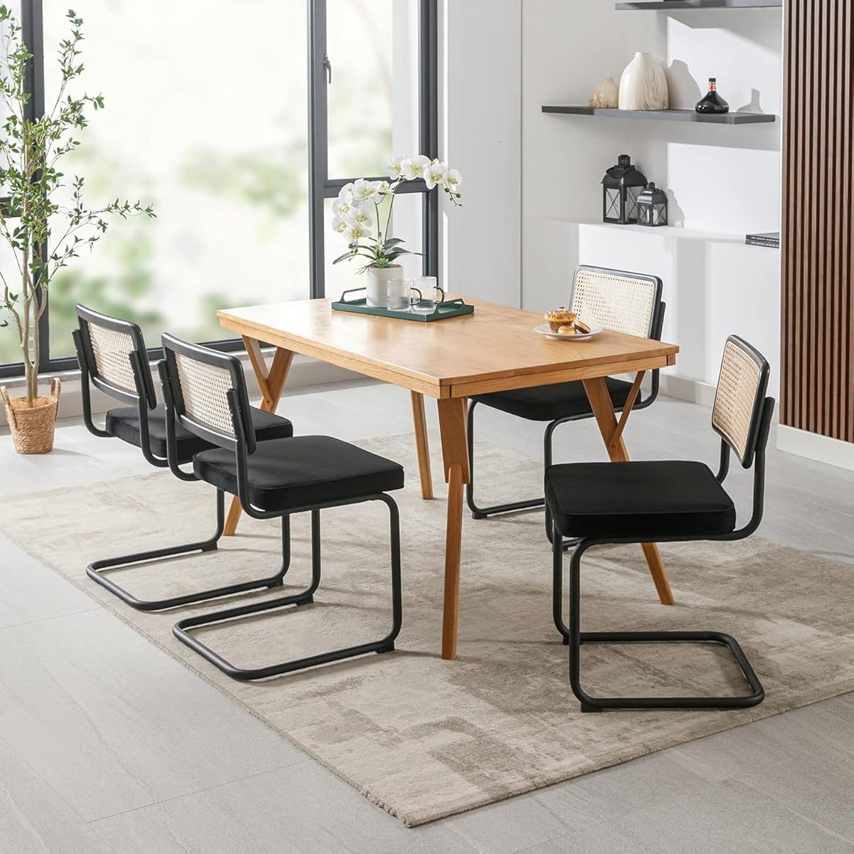 Zesthouse Natural Rattan Dining Chairs Set of 4, Modern Dining Room Chairs with Solid Wood Back for Kitchen Living Room, Mid Century Breuer Design Inspired, Upholstered Velvet Fabric, Black