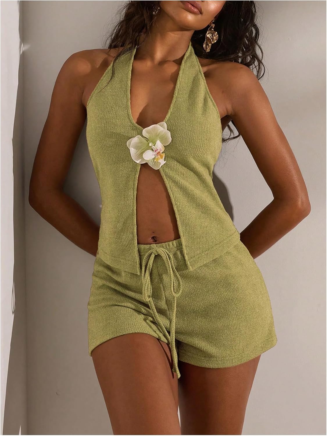 GORGLITTER Women's 2 Two Piece Summer Beaach Vacation Outfits Flower Backless Halter Tops and High Waist Shorts Sets - Image 4