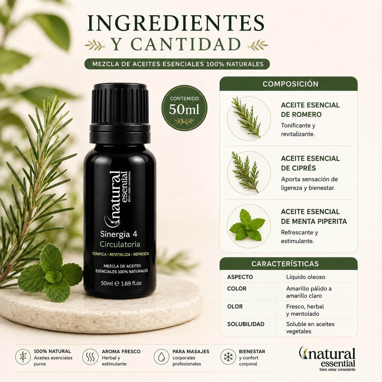 Sinergia 4 | Sinergia Circulatoria Natural Esential 50 ml | Aromaterapia | Mezcla Aceites Esenciales | Potencia la Maderoterapia | Indicada Masajes Corporales Profesionales | Tonificante y Estimulante