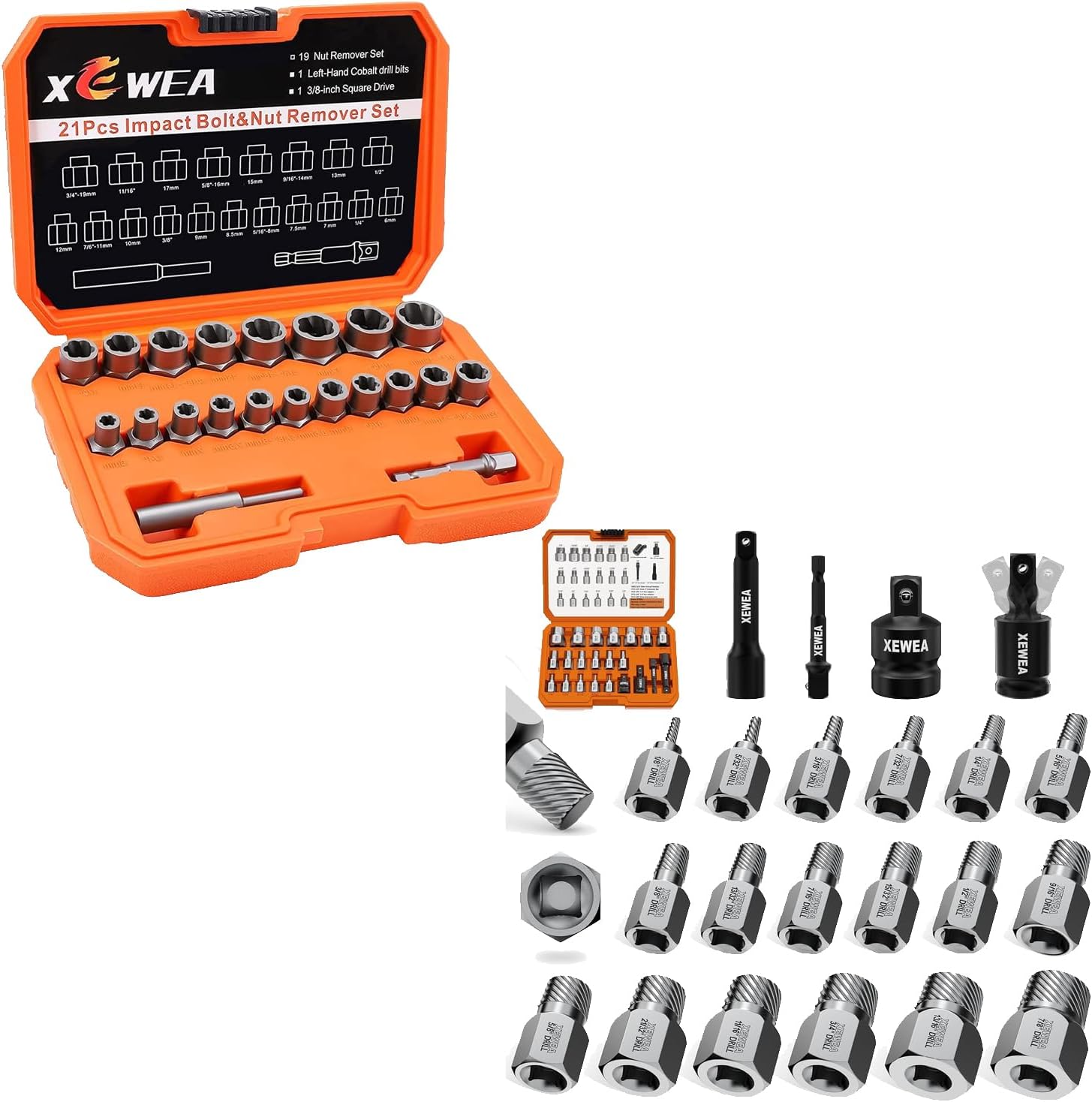 XEWEA 43PCS Bolt & Screw Extractor and Remover Set, 3/8" Drive Multi-Spline & Spiral Bolt Extractor Kit with Adapters, Extension Bar & Universal Joint – CR-MO Steel, Removes Damaged, Rusted or Strippe