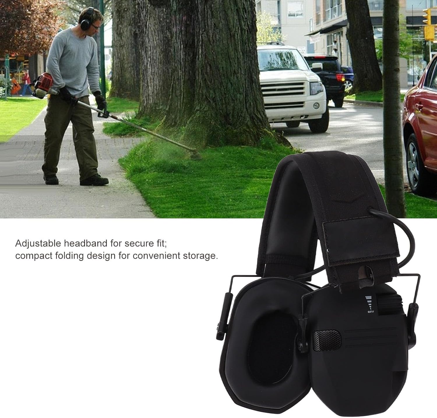 Noise Reduction Electronic Earphones, Foldable ABS Ear Muffs with Adjustable Headband, Compact Design - Amplifies Safe 82dB Sounds, Comfortable Hearing Protection for Mowing and (Black)