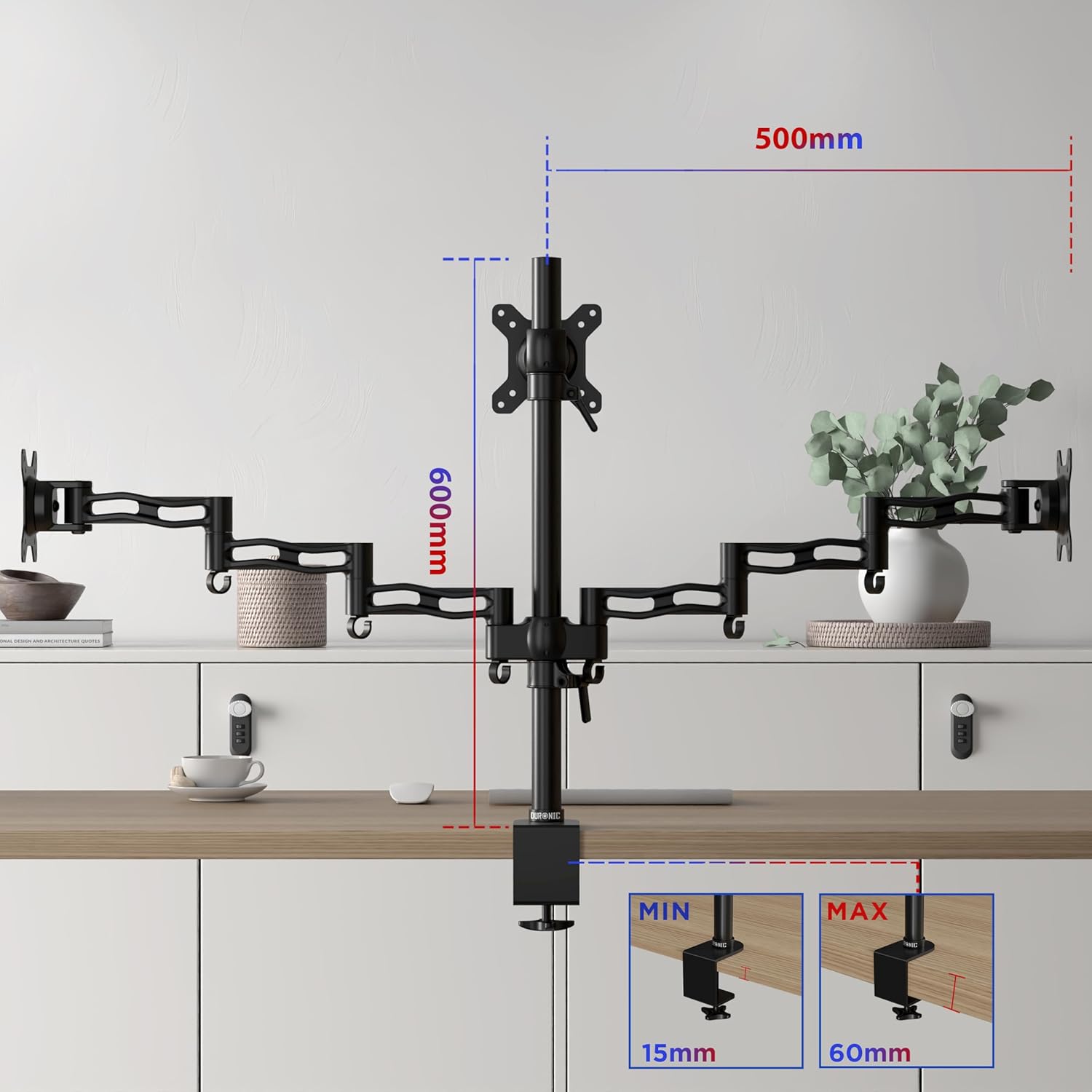Duronic DM353 Arm for 3 Computer Monitors | Triple Articulated PC Monitor Stand for Desktop | VESA 75 100 | Adjustable Height | Swivel Tilt Swivel | Universal Compatibility