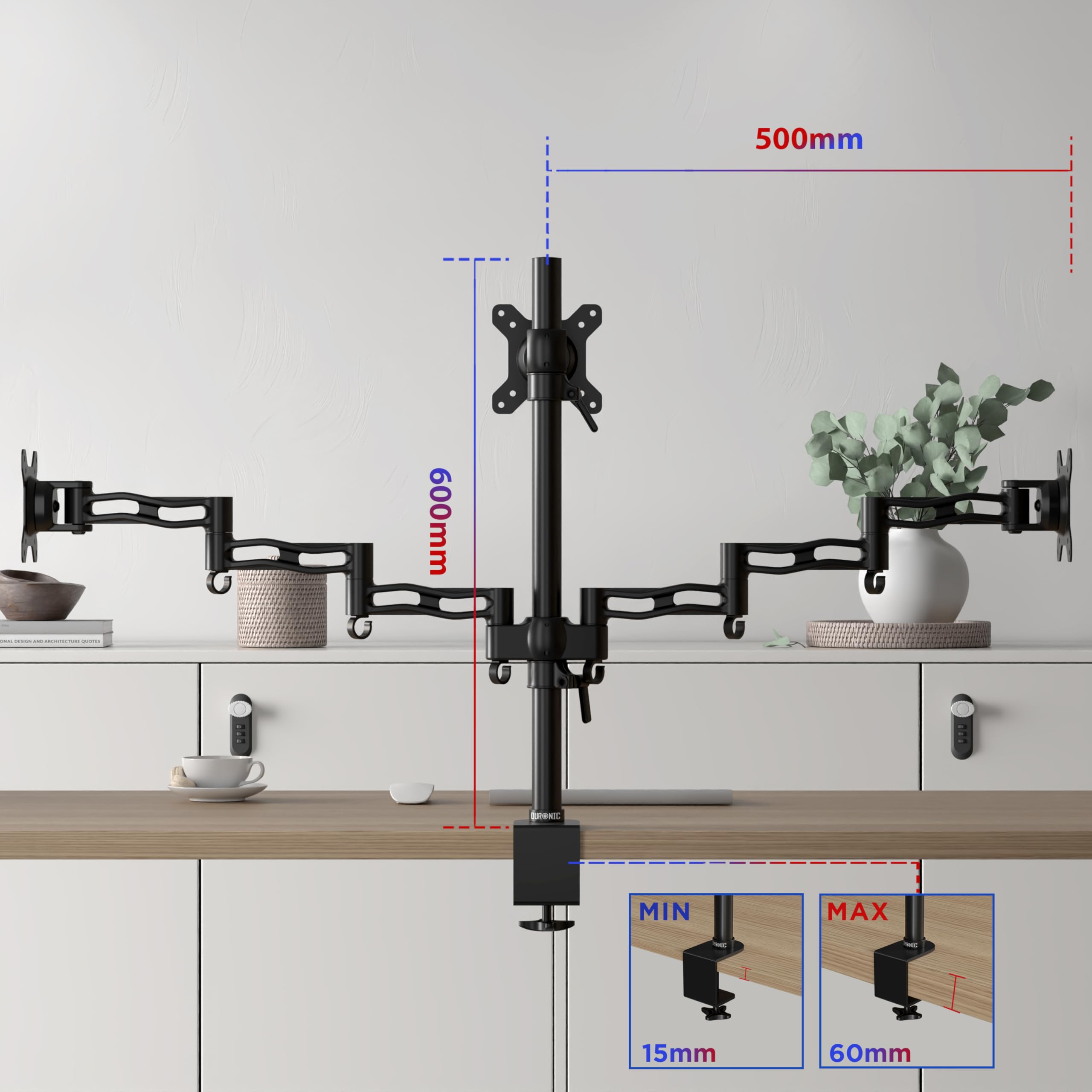 Duronic DM353 Bras pour 3 moniteurs d’Ordinateur | Support Triple d’écran PC articulé pour Bureau | VESA 75 100 | Hauteur Ajustable | Rotatif Inclinable Pivotant | Compatibilité Universelle