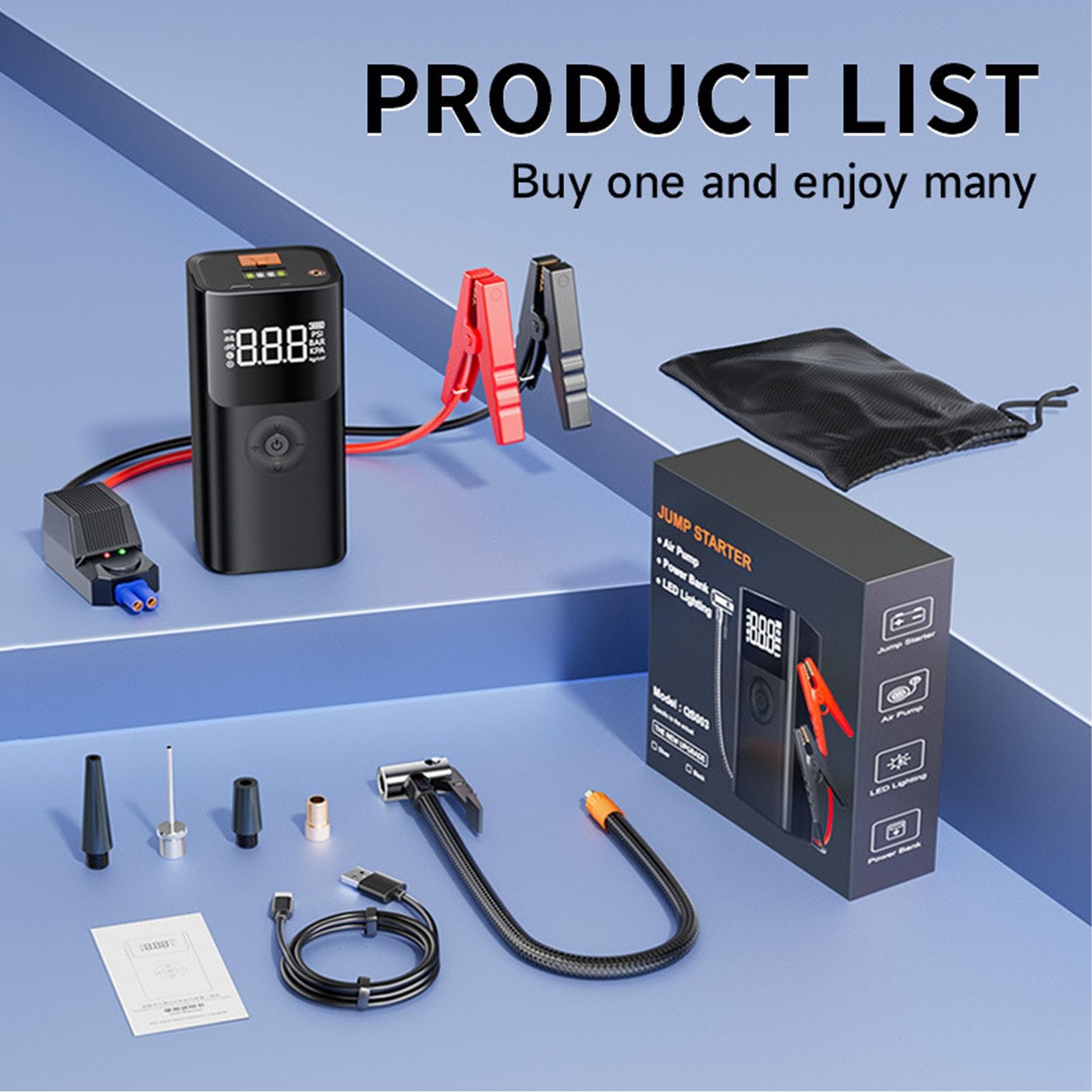 Arrancador Portátil para Coche, Batería de 12000 MAh con Compresor de Aire de 150 PSI y 3 Modos LED, para Coches, Camiones, Motocicletas, Barcos, Autocaravanas, Vehículos