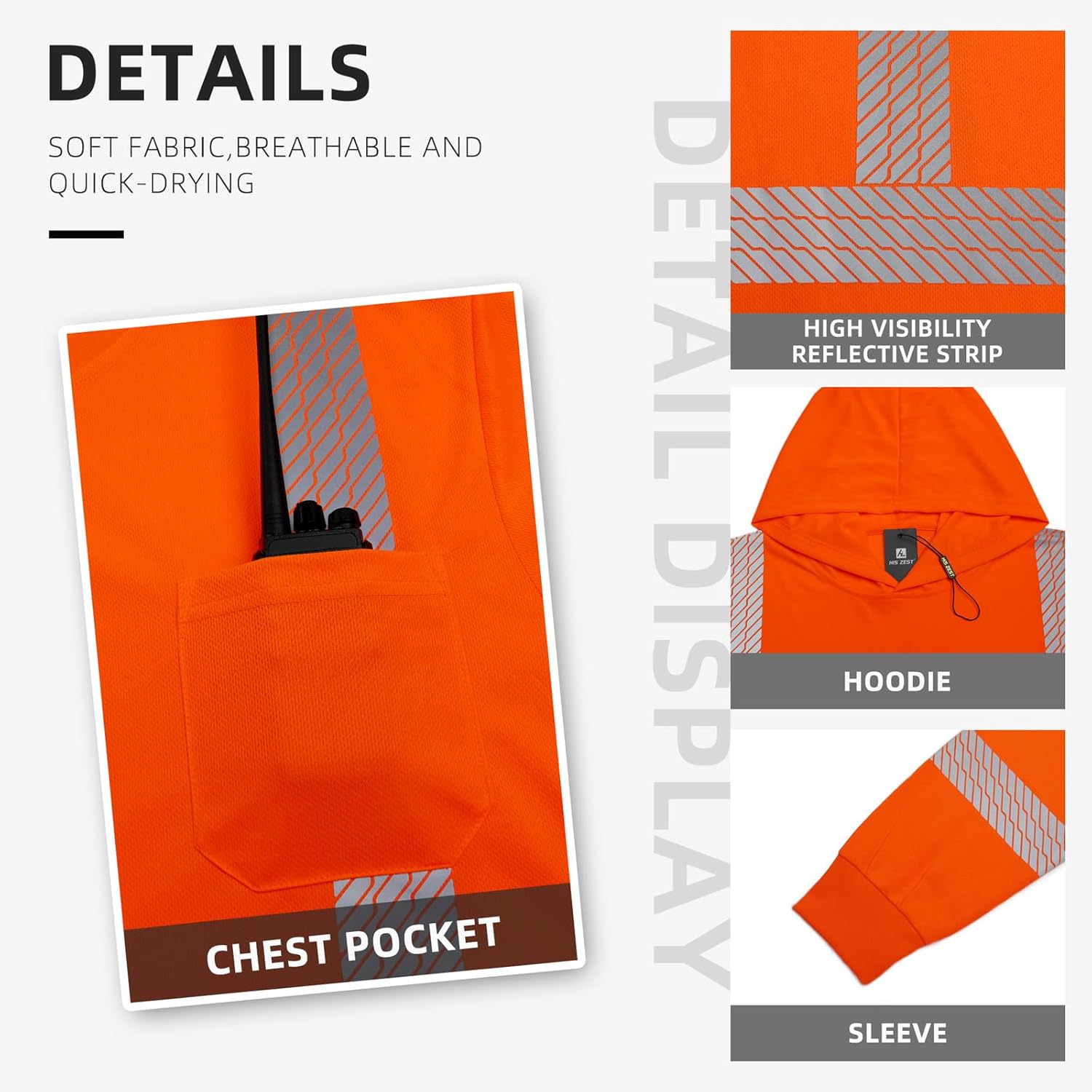 Hi Vis Safety Hoodie ANSI Class 3 Shirts High Visibility Long Sleeve Construction Pullover with Reflective Strips - Image 4