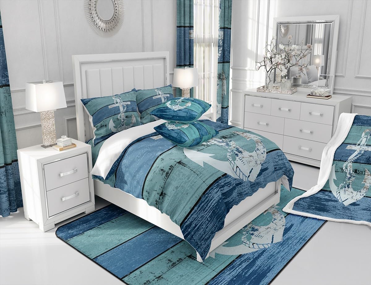 Feelyou Anchor Decor Stripes Rustic Wooden Bedding Set Queen Nautical Themed Tie Dye Comforter Cover Set Ocean Blue Teal Duvet Cover Breathable Nautical Bedspread Cover Room Decor Luxury Quilt Cover