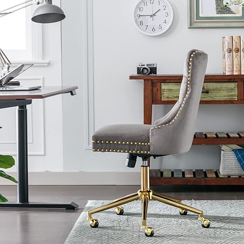 Miniatura 9 de i-POOK Silla de oficina giratoria, silla de oficina en casa tapizada de terciopelo con base de metal dorado y 5 ruedas, silla de escritorio