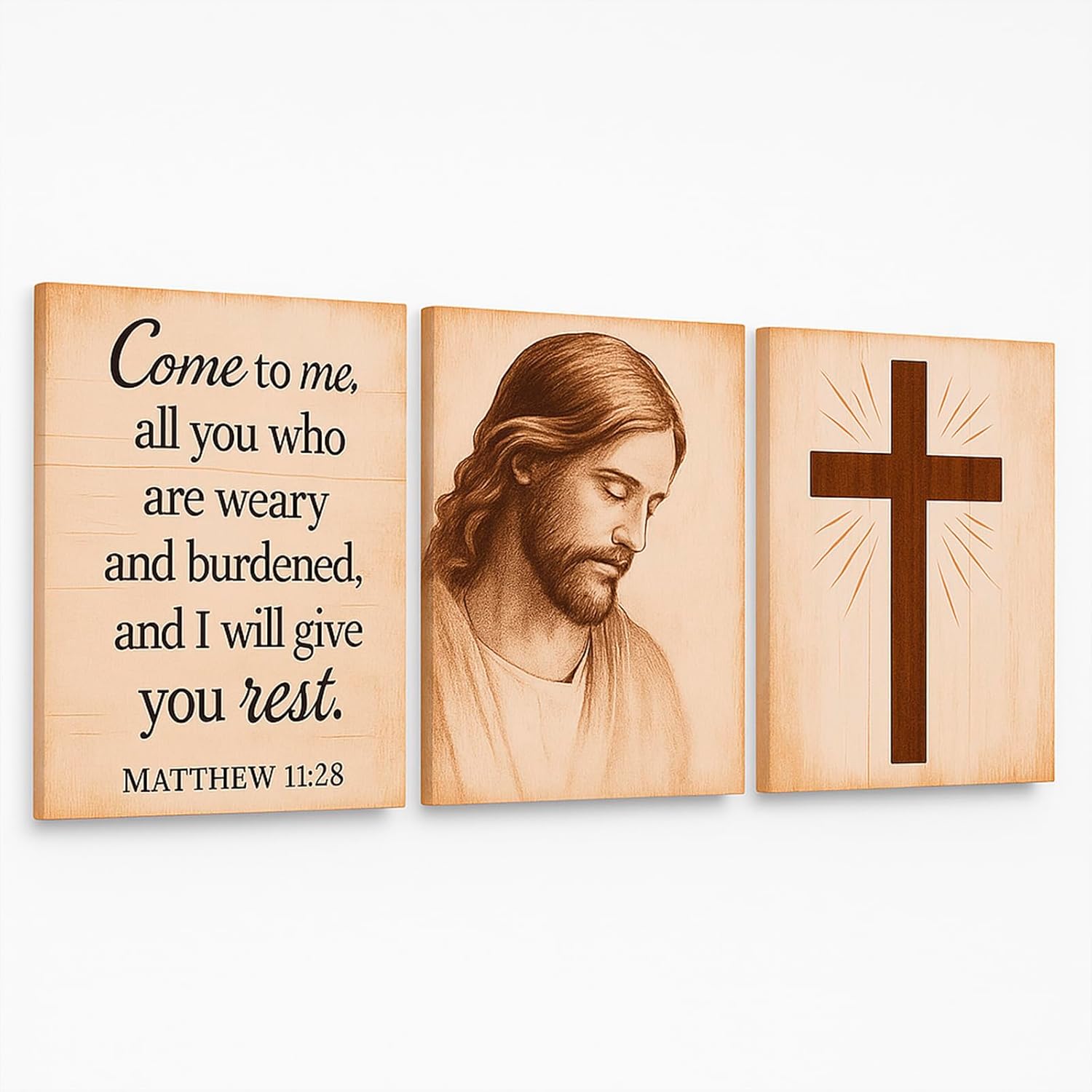 DoawBang Rustic Farmhouse Wall Art Set of 3– Jesus Portrait, Cross, and Scripture – Wooden Frame Canvas Prints, “Come to Me” Matthew 11:28, Christian Home Decor for Living Room, Prayer Room, 12"x16"