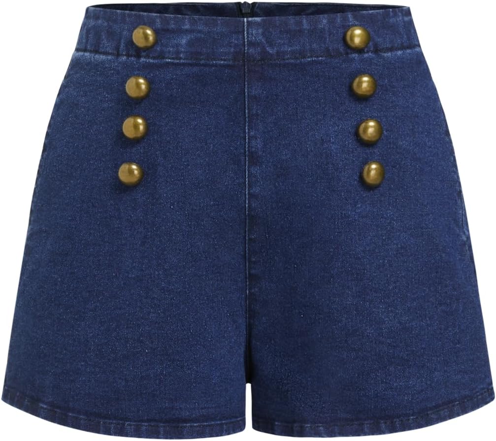 CIDER Women's Denim Shorts High Waist Gold Button Detail Casual Summer Hot Pants with Pockets