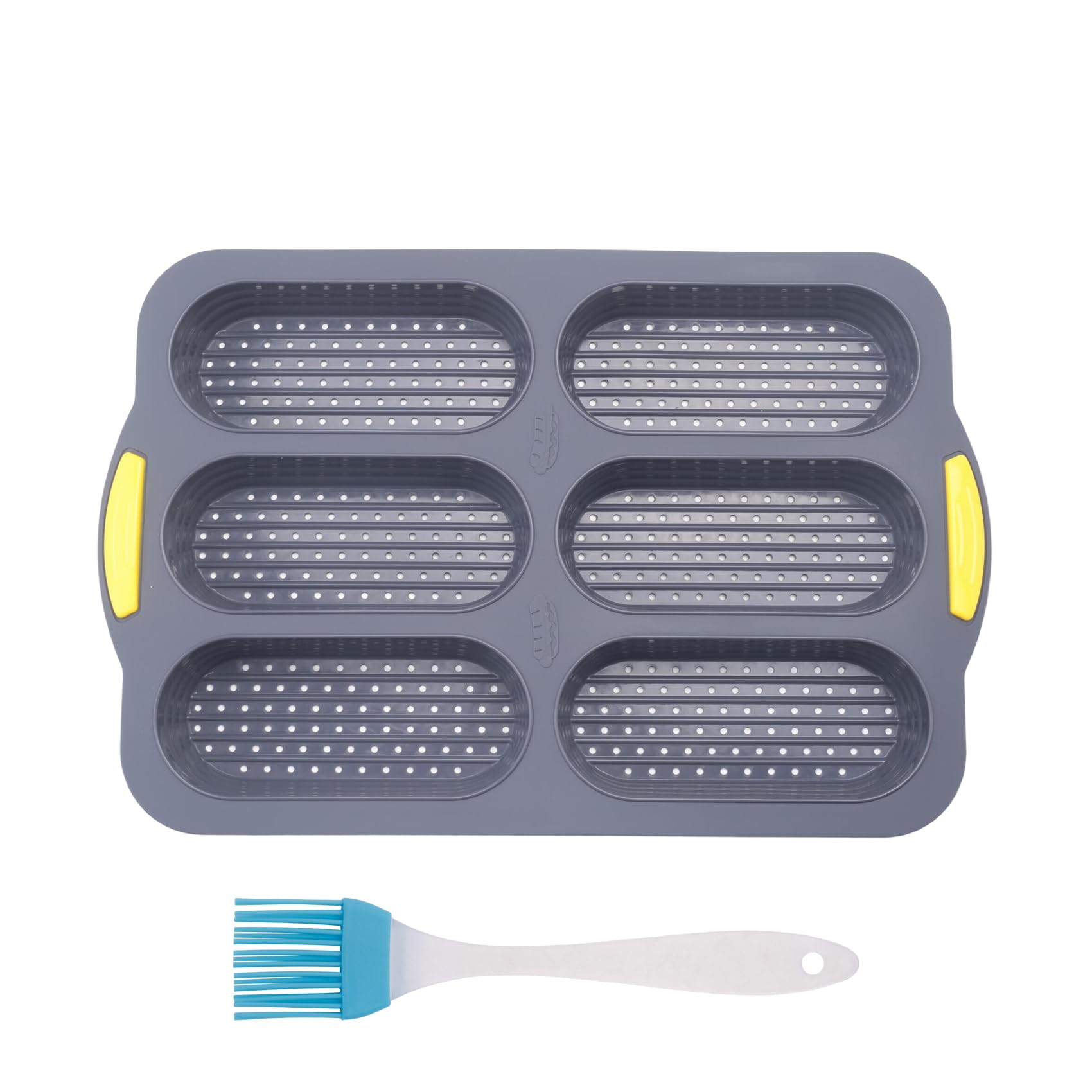 Vjsujehgy Silicone Pan, Hot Dog Bun Pan with Oil Brush,6 Gutter Nonstick French Bread Bake Mold, French Bread Loaf Pan for Hot Dog