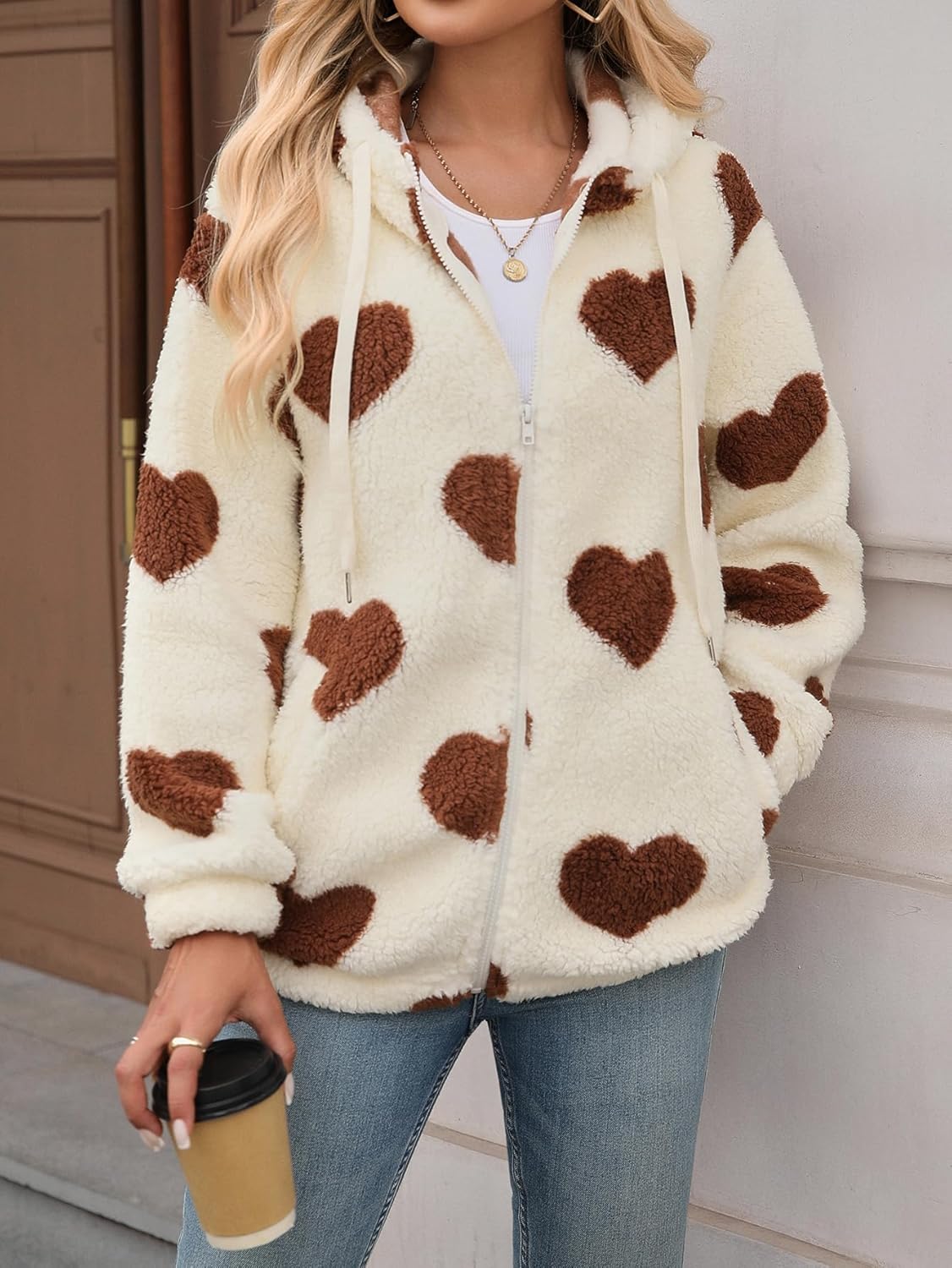 Womens Fleece Jacket Fall Winter Full Zip Sherpa Coat with Hood S-5XL - Image 4