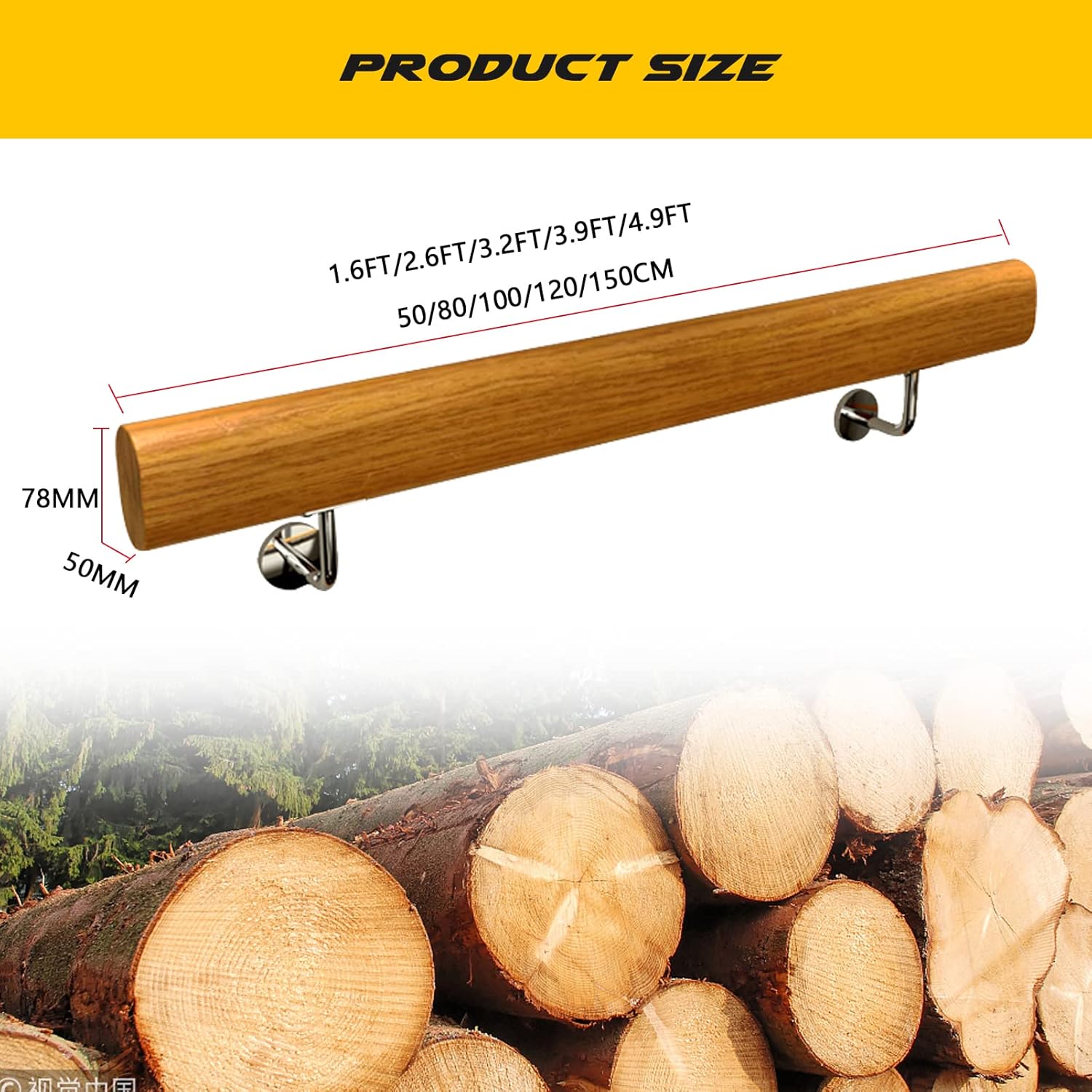 Staircase Handrail Complete Set, Solid Wood Non-Slip Stair Handrails with Stainless Steel Bracket, Indoor Attic Railings for Elderly, Corridor Support Rods 1.6ft(50cm)