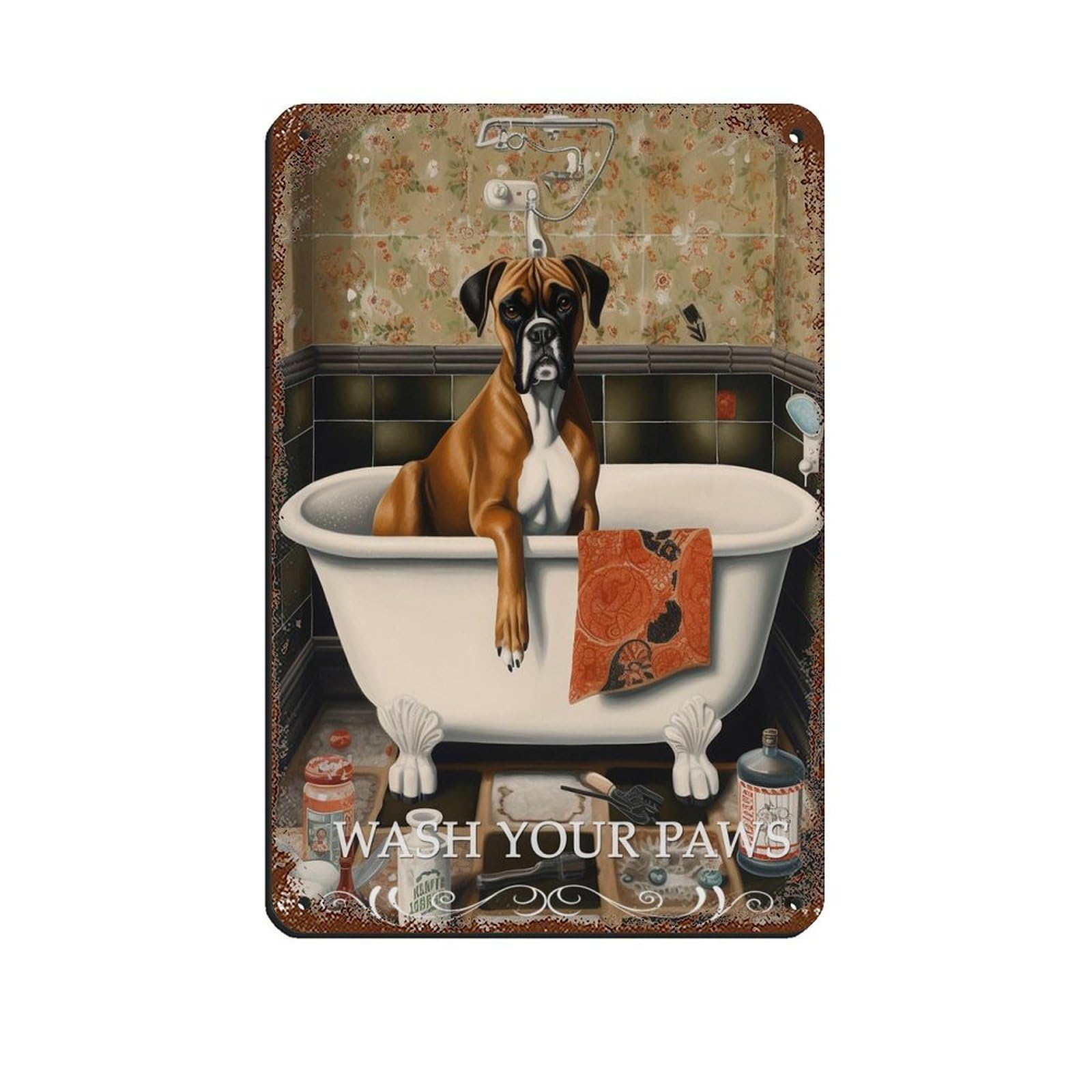 Boxer in Bath Print Fun Bathroom Art Dog Lover Gift Tin Sign Vintage Metal Pub Club Cafe Bar Home Wall Art Decoration Poster Retro 8x12inch(20x30cm)