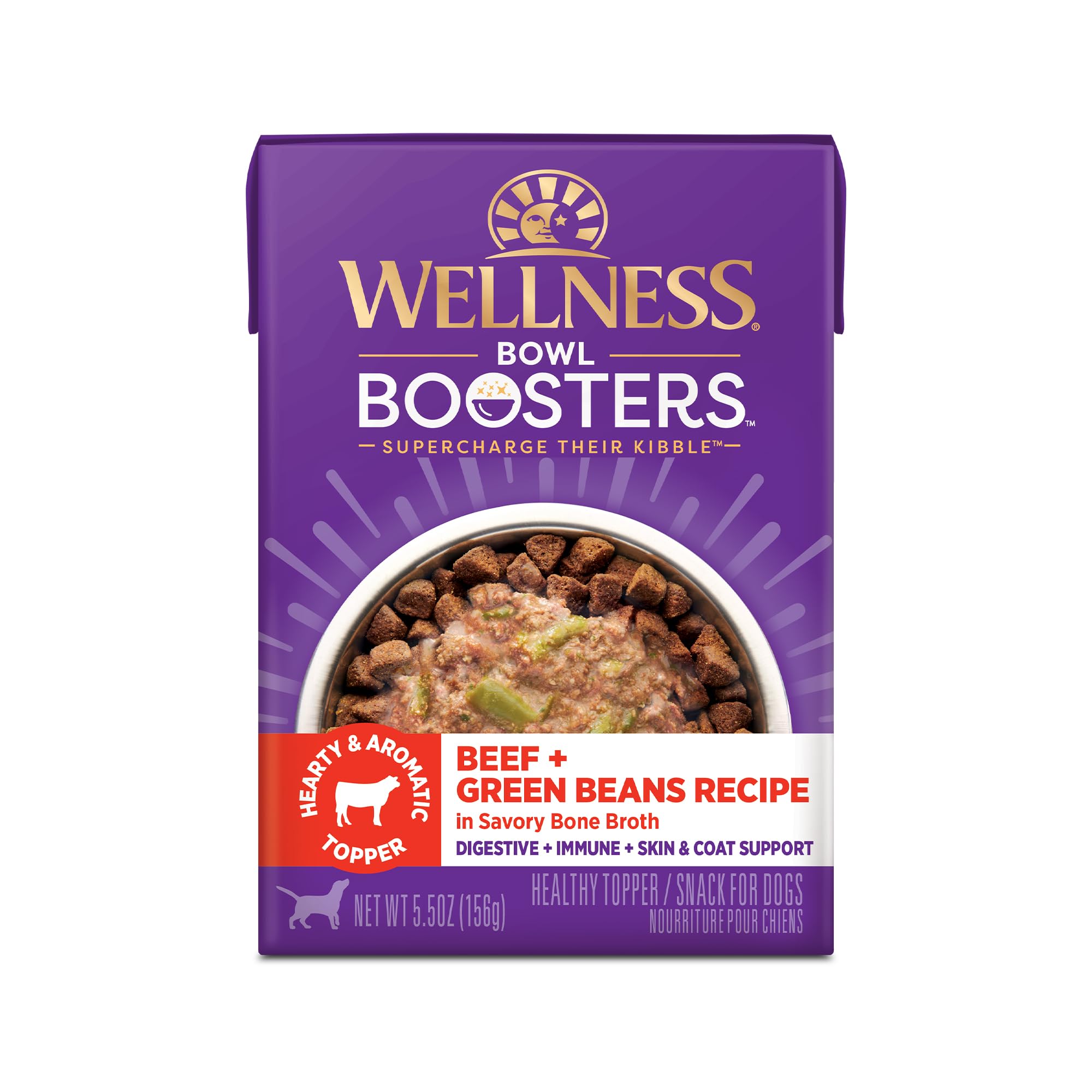 Wellness Bowl Boosters Hearty Toppers, Wet Dog Food Topper for Small, Medium, & Large Breeds, Grain Free, Natural, Beef & Green Beans in Broth, 5.5
