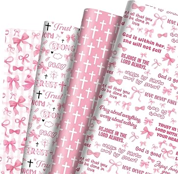 Pineraap 12 Sheets Pink Christian Prayer Wrapping Paper, Bowknot Printed Gift Wrap Craft Paper for Girls Women Birthday Baptism Communion Christian Church Faith Gifts, 19.7 x 27.6 Inch