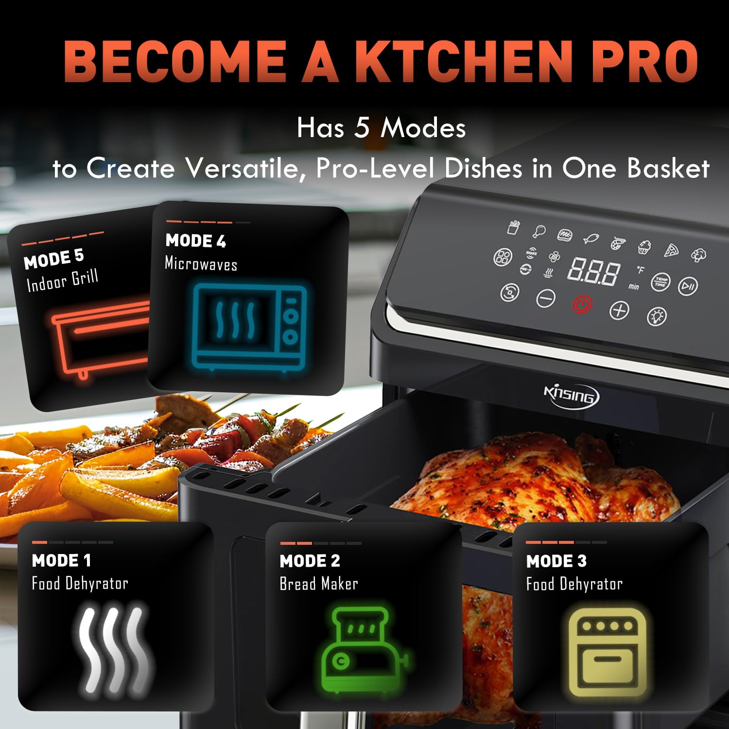 KINSING Air Fryer with Window Visible 8-in-1,8.7-Qt Large space,85% Less Oil,Roast, Bake, Dry, Reheat, Frozen, Broil,160-400? Even Results With Precise Temperature Control,Dishwasher-Safe