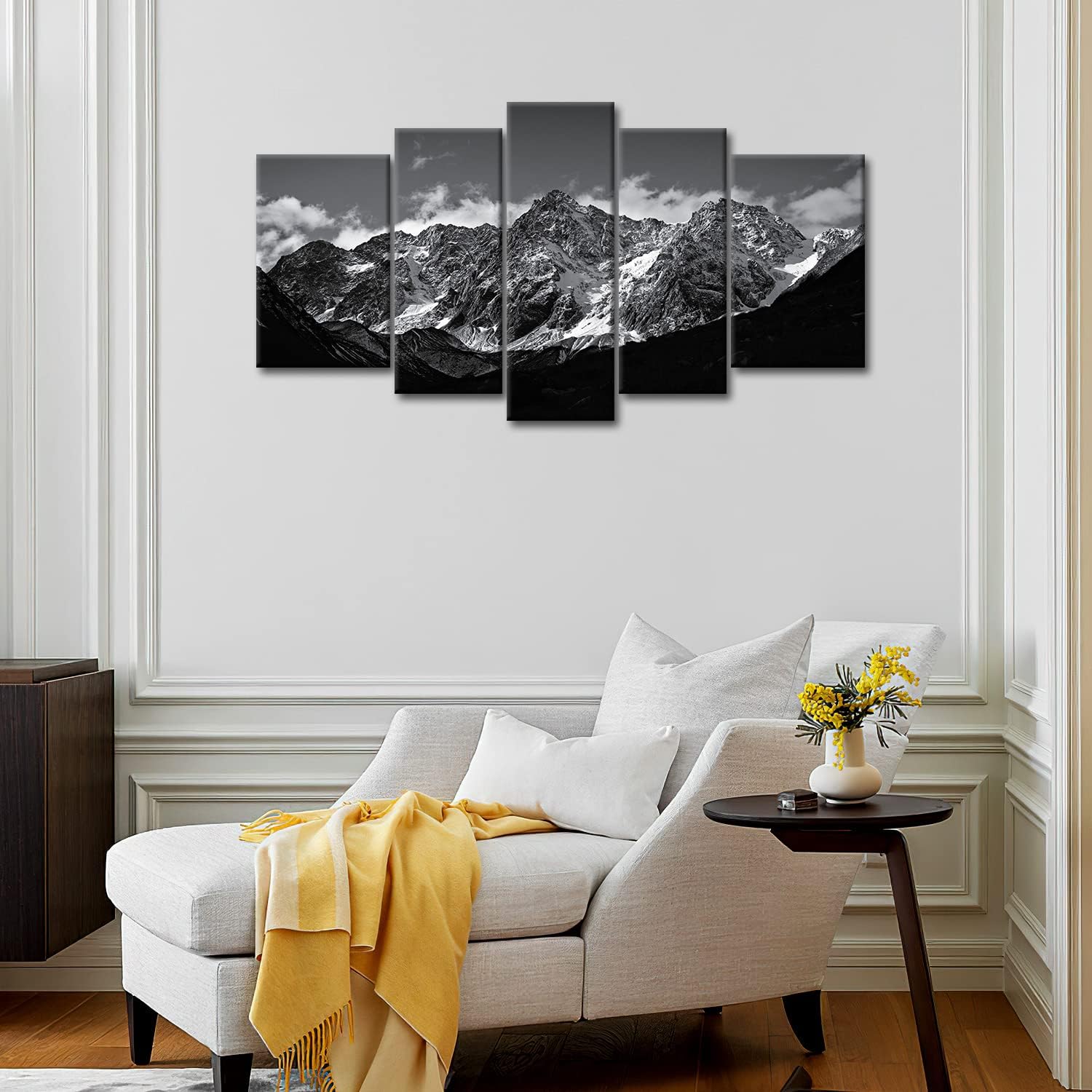 Canvas Wall Art Mountain Black and White Snow Mountain Landscape Picture 5 Pieces Prints On Canvas Modern Giclee Framed Artwork The Pictures for Home Living Room Decor