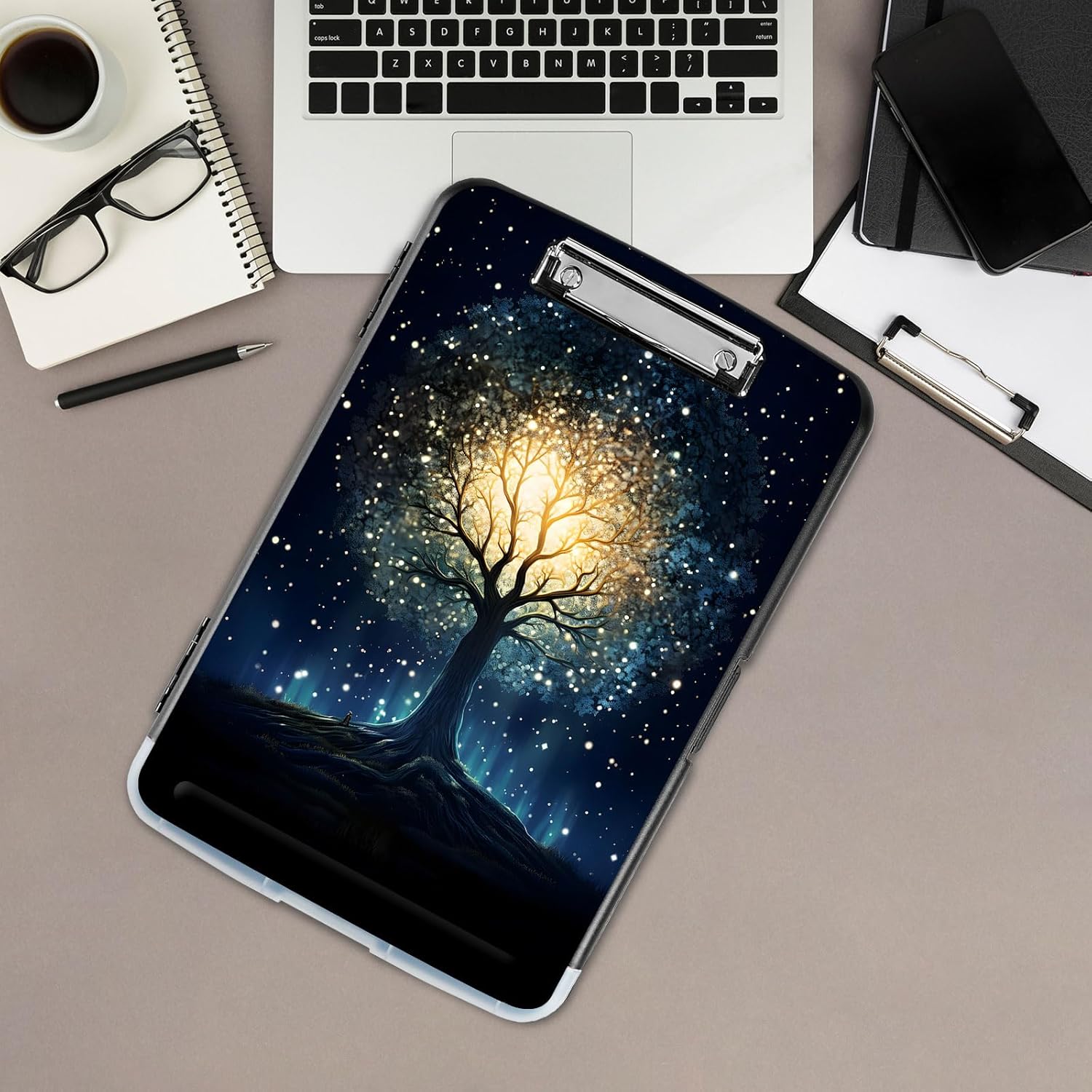 Clipboard with Storage,Office Supplies Nursing Clipboards Folder with Pen Holder Plastic Storage ClipBoard Foldable for Teacher Nurse,Galaxy Tree