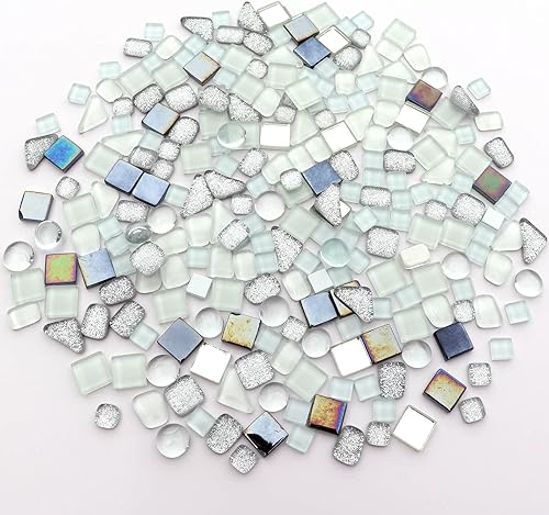 Miniatura 4 de LITMIND Azulejos de mosaico de cristal irregulares de color blanco plateado, paquete de valor de 9 onzas, perfecto para manualidades de arte,