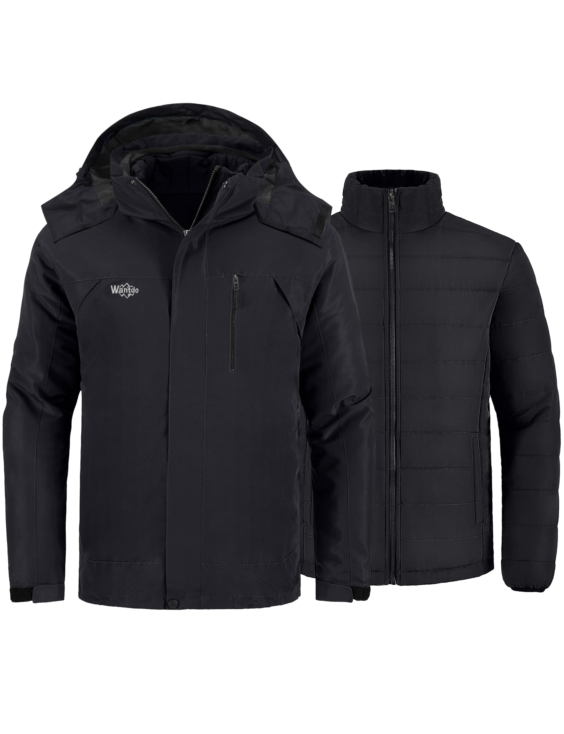 Wantdo Men's Winter Ski Jacket Water Resistant Windproof 3 in 1 Jacket Puff Liner,Black,US L