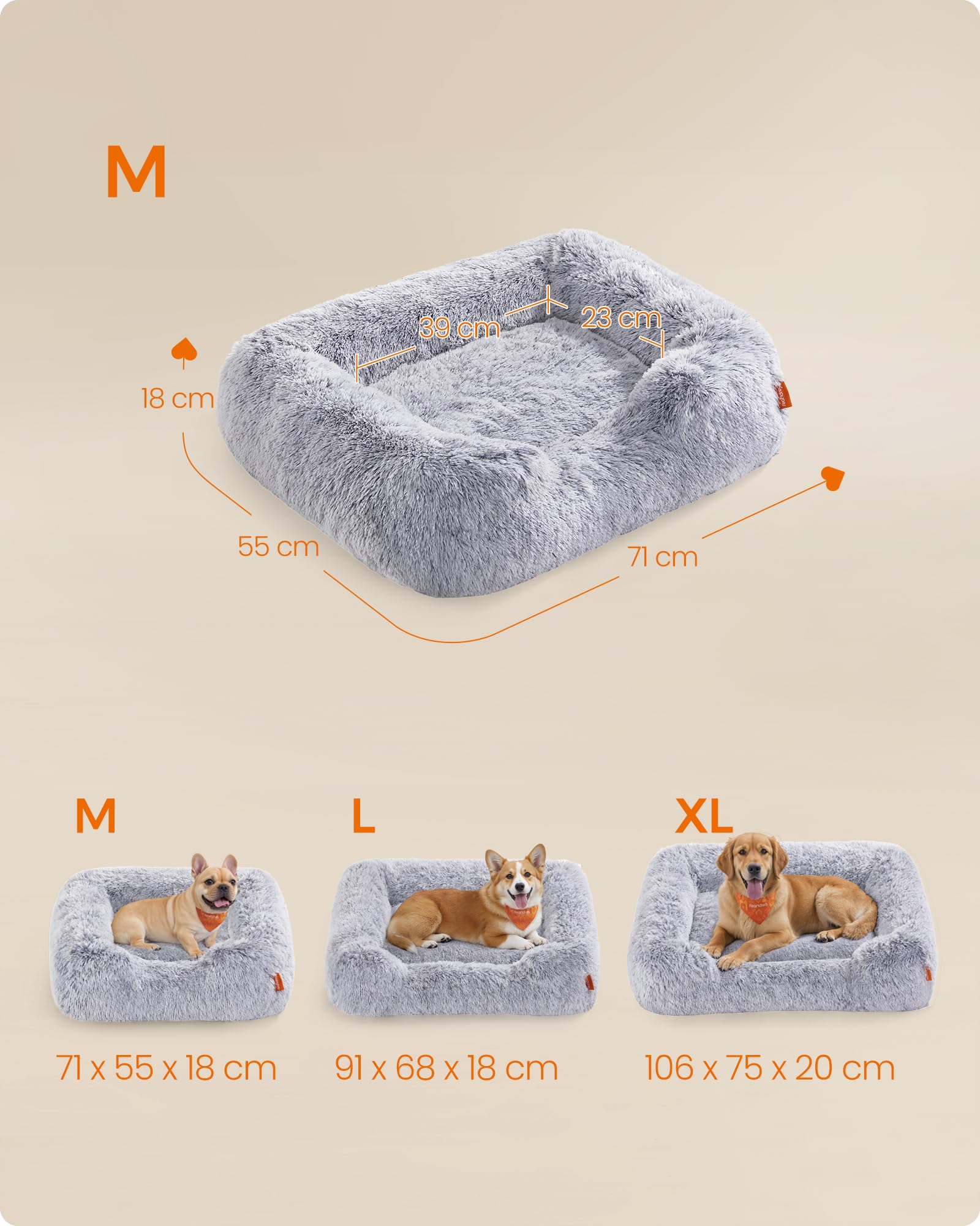 Feandrea Cuccia per Cani, Divano per Cani, 71 x 55 x 18 cm, Cuscino per Animali, Imbottitura Morbida Bordi Rialzati, Copertura Sfoderabile e Lavabile in Lavatrice, Antiscivolo, Grigio Ombré PGW271G01